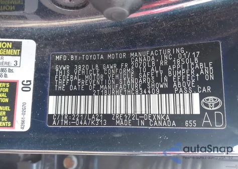 2017 Toyota Corolla Xle z USA, uszkodzony, nr VIN 2T1BURHE1HC834409
